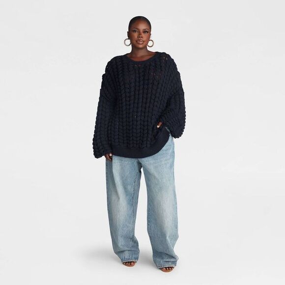KBB by KAHLANA Women's Pullover Sweater 'The Chunky Knit Crew' - Navy Blue - Picture 3 of 3